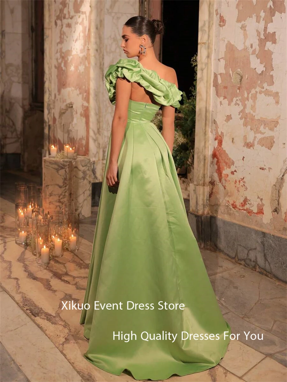 Xikuo فساتين سهرة أنيقة من الساتان الأخضر على شكل حرف A بدون حمالات مطوي رداء كوكتيل نسائي طول الأرض فساتين لحضور الحفلات الموسيقية حسب الطلب