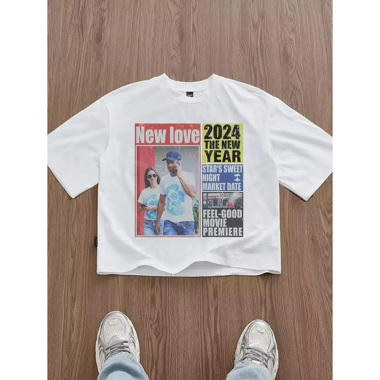 SWAVVY Standard Size Men's Short White Boxy Newspaper Graphic T-Shirt, Summer