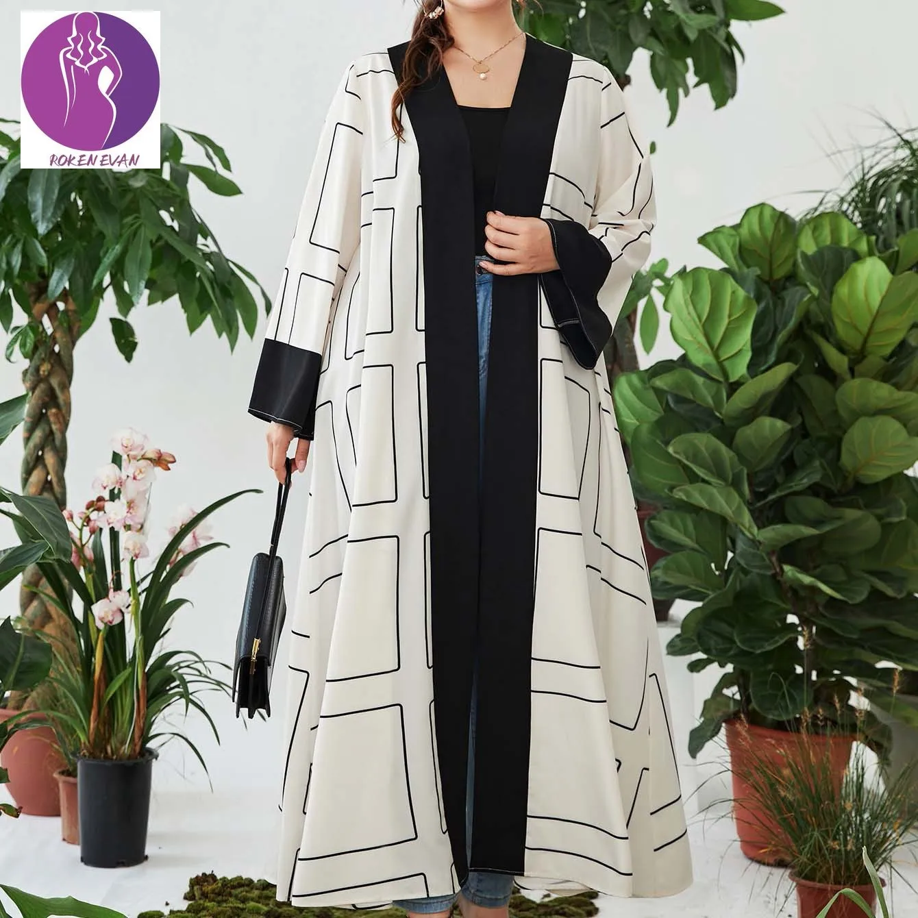 

2022 Women Plus Size Cardigans Middle East White Ribbon Elegant Floral Print Elastic Waist Maxi Dress Muslim Clothing Abaya