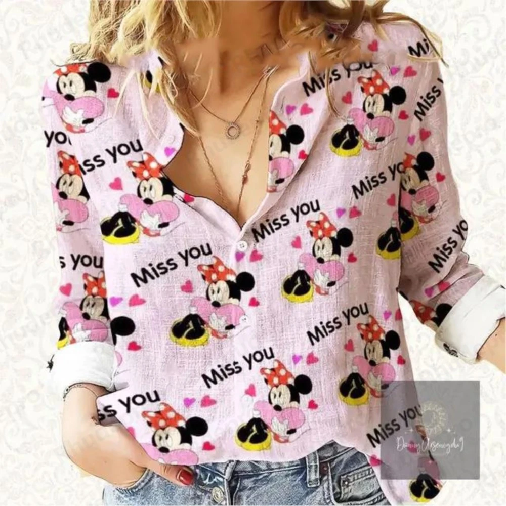 

Disney 2025 New Harajuku Slim Fit Shirt 3D Print Womens Button Up Long Sleeve Lapel Mickey Minnie Y2K Casual Cute Hawaiian Shirt
