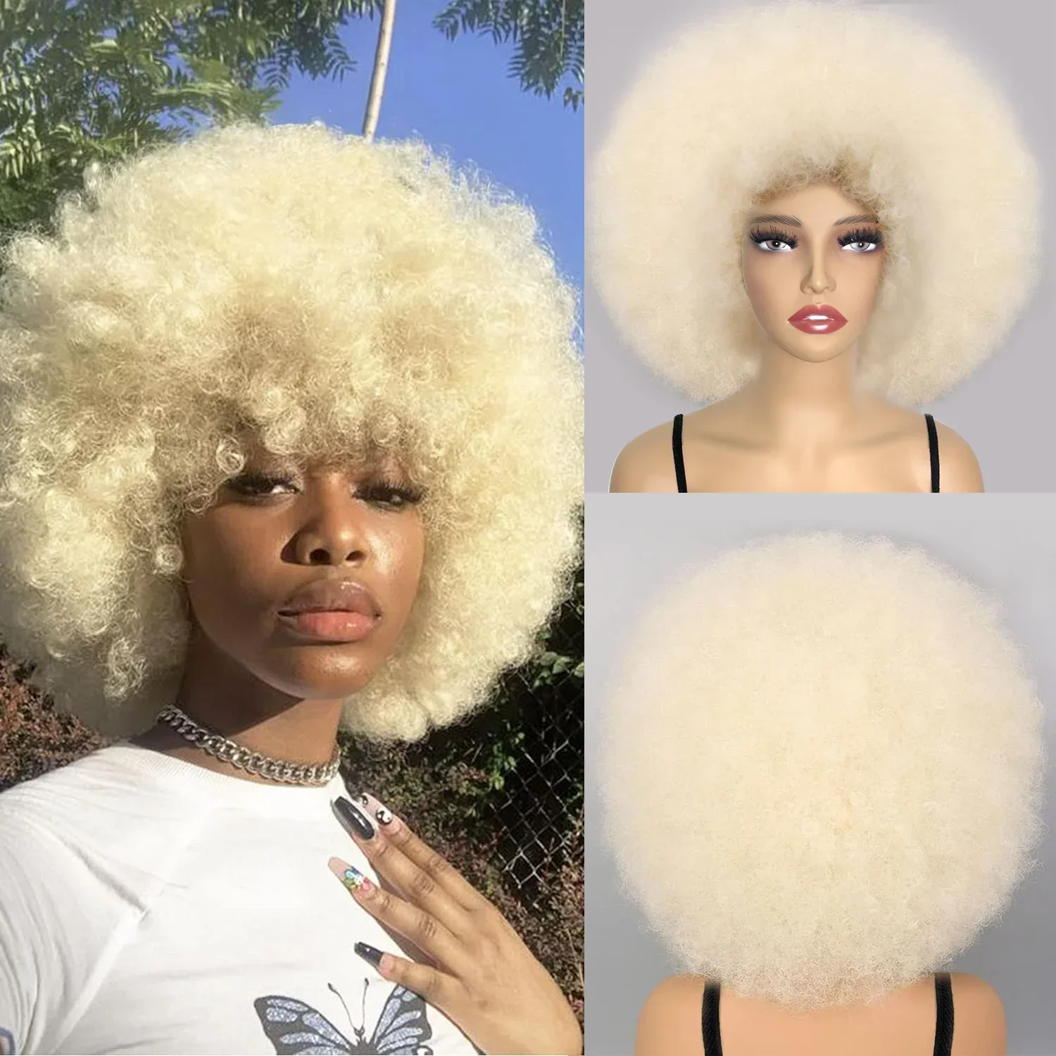 

Synthetic Afro Kinky Curly Wig with Bangs Ombre Glueless Short Heat Resistant Costume Wig for Women Daily Party Cosplay