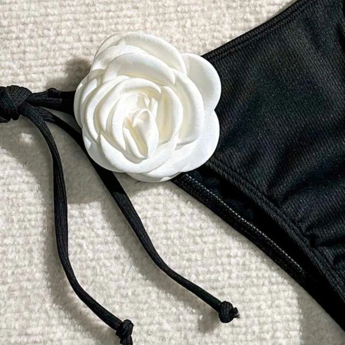 New Drawstring Three-dimensional Flower Split Two-piece Swimsuit Sexy Tube Top Backless Sleeveless Swimwear Black Fashion Bikini