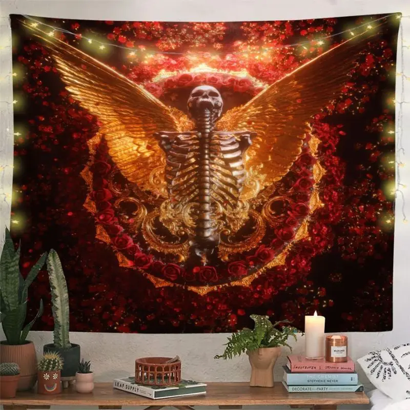 VIKAMA Golden Skull Angel Wings Rose Wall Tapestry Gothic Dark Home Decor Lovely Gift Soft Durable Cozy Aesthetic Washable Retro