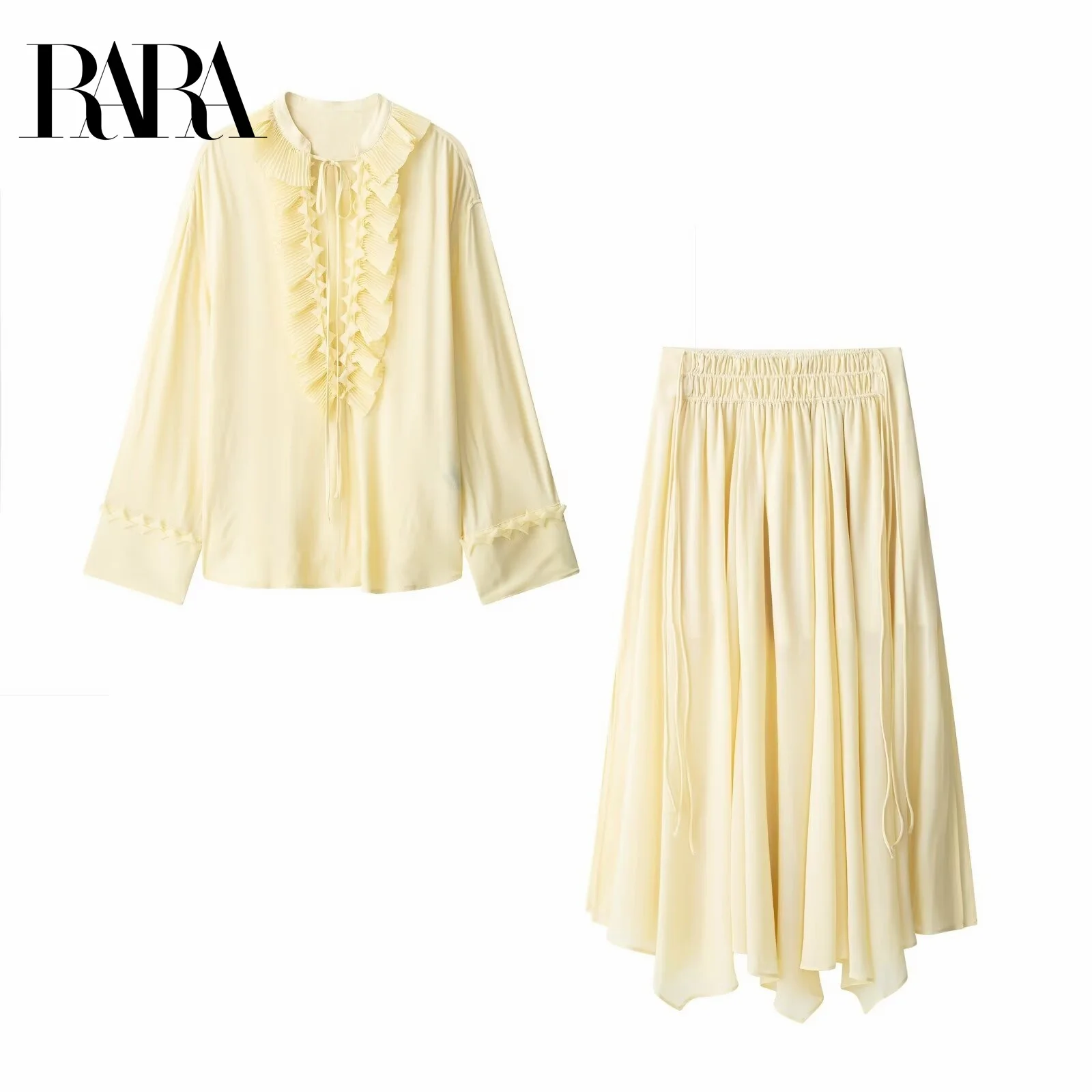 

RARA Ladies V - neck Long - sleeve Blouse with Layered Ruffles and Long Floor - length Pleated Drawstring Chiffon Skirt Set