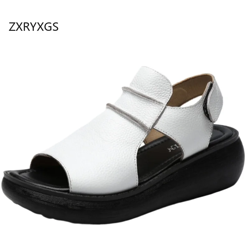 ZXRYXGS Summer Fish Mouth Shoes Roman Sandals 2026 New Fashion Genuine Leather Sandals Comfortable Elegant Flat Wedge Sandals