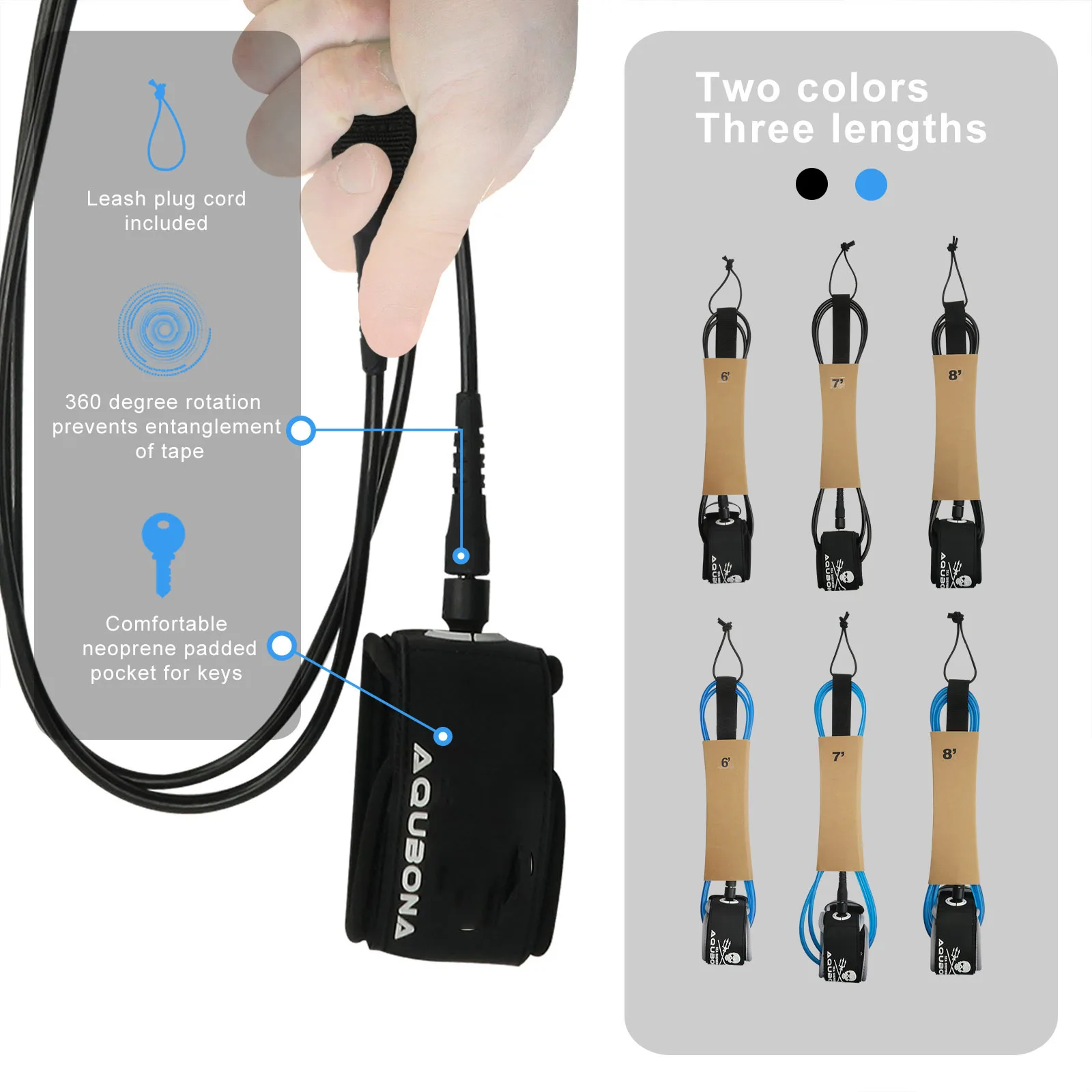 AQUBONA Premium Surfboard Leash, 6/7/8/ft, Straight Surf Board Leashes, 7mm Legrope Strap for Shortboard, Longboard