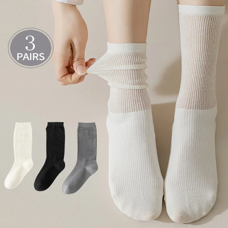 3 Pairs Harajuku Lcae Montage Women Socks Solid White Grey Black Fashion Ballet Style Middle Tube Sukka Breathable Pile of Socks