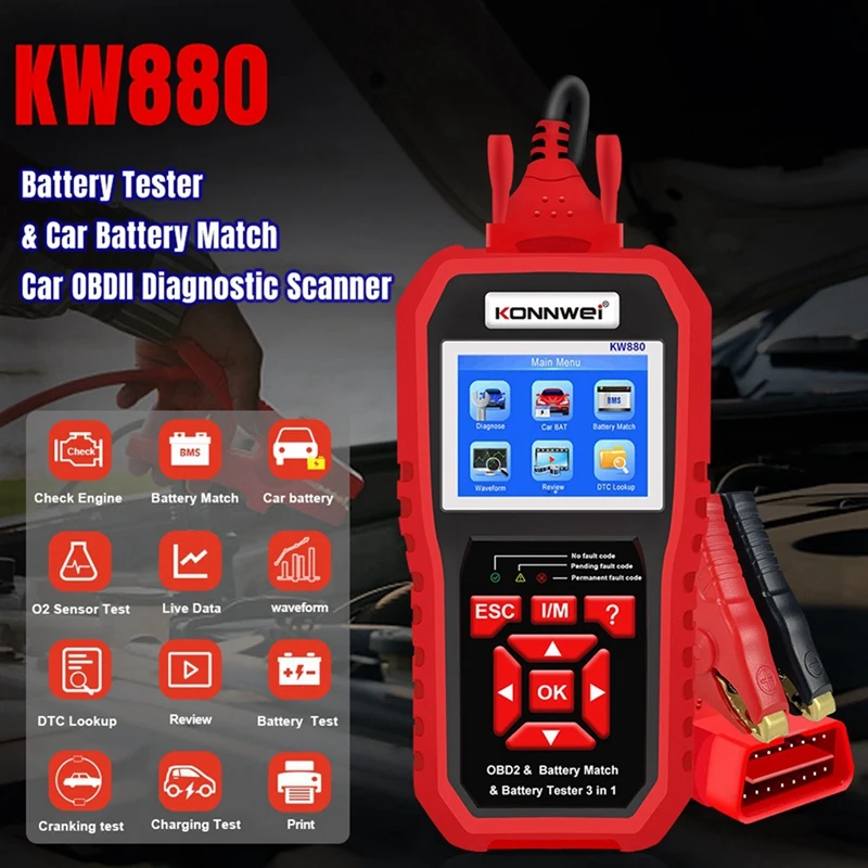 KONNWEI KW880 12V Car Battery Tester Analizer Auto Diagnostic Tool Battery Match 3 In 1 Car OBD2 Scanner Full OBD2 Function