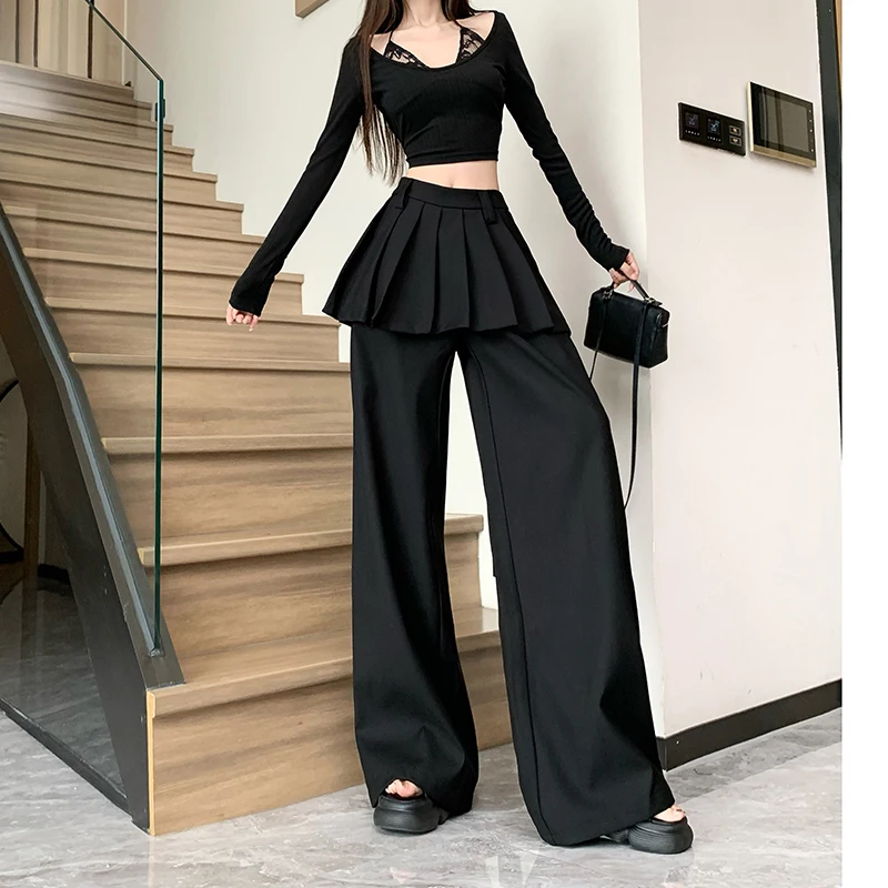 Wide Leg Casual Trousers Women Design Fake Two Pleated Skirt Pants Loose Black Pants Fashion Culottes Pantalones Mujer