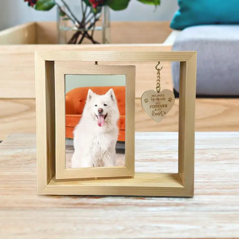 Wooden Rotatable Desktop Photo Frame Desktop Rotatable Frame Heart Pendant Dog Memorial Home Table Decoration For Bedroom Living