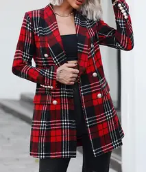 Abrigo de lana gruesa a cuadros para mujer, Abrigo Midi cálido de manga larga con solapa roja, moda de otoño e invierno, 2023