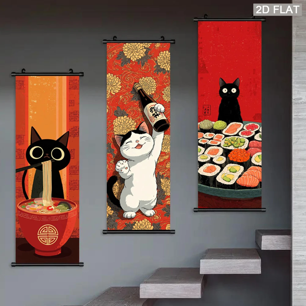 VIKAMA Japanese Style Cat Wall Scroll Tapestry, Cute Kitten Ramen Sushi Sake Art, Ukiyo-e Fabric Poster, Anime Room Home Decor