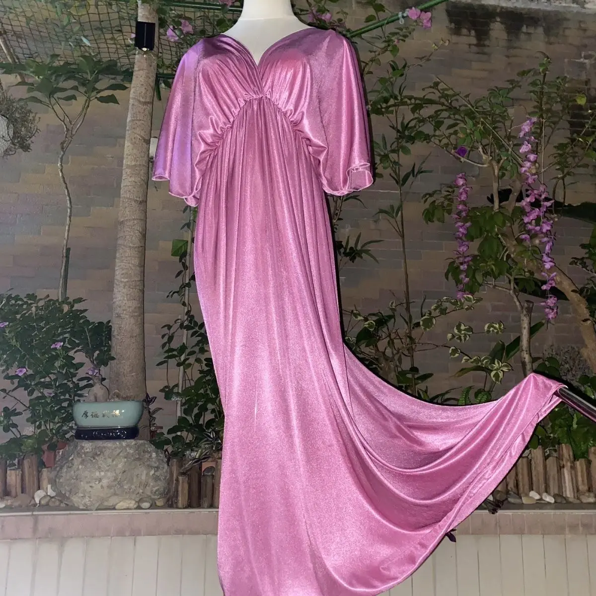 Glossy Women Satin Long Dress Batwing Sleeve Loose Night Dress Plus Size Sleeping Robe
