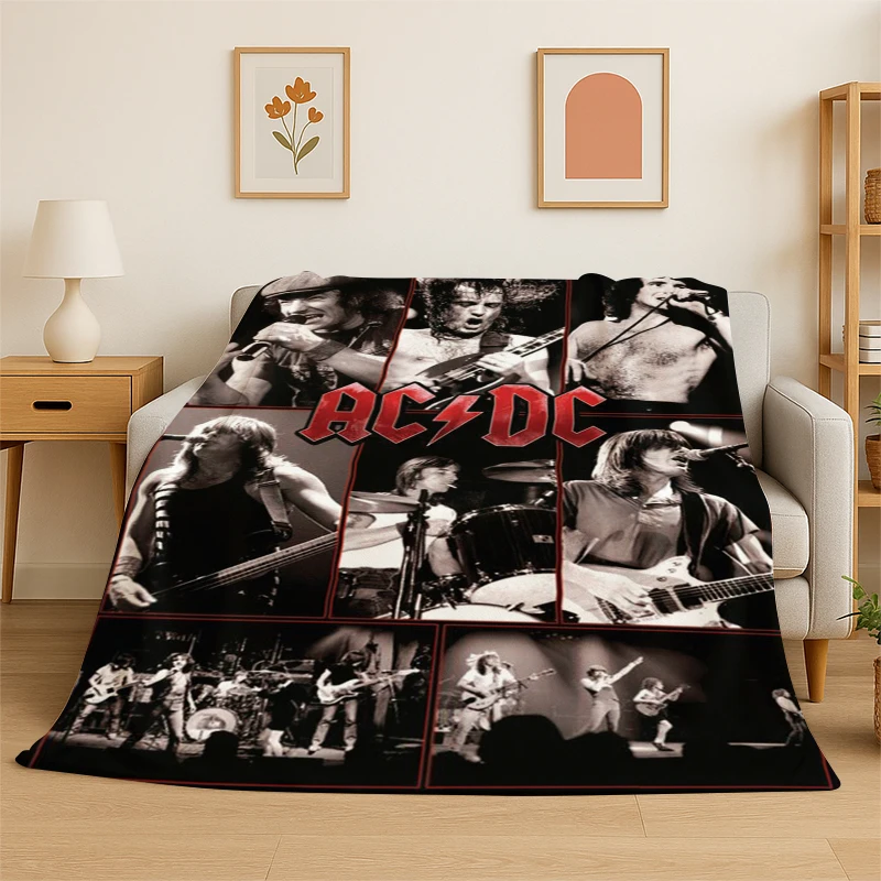 Retro ACDC Rock Band Catoon Flannel Blanket Soft Warm Throw Blanket for Bedroom Living Room Bed Travel Camping Picnic Gift