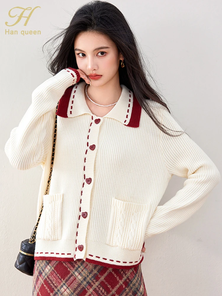 H Han Queen 2024 Autumn Fashion Simple Basic Colorblock Pocket Coat Sweater Cardigan Women\'s Clothing Long Sleeve Tops Cardigans