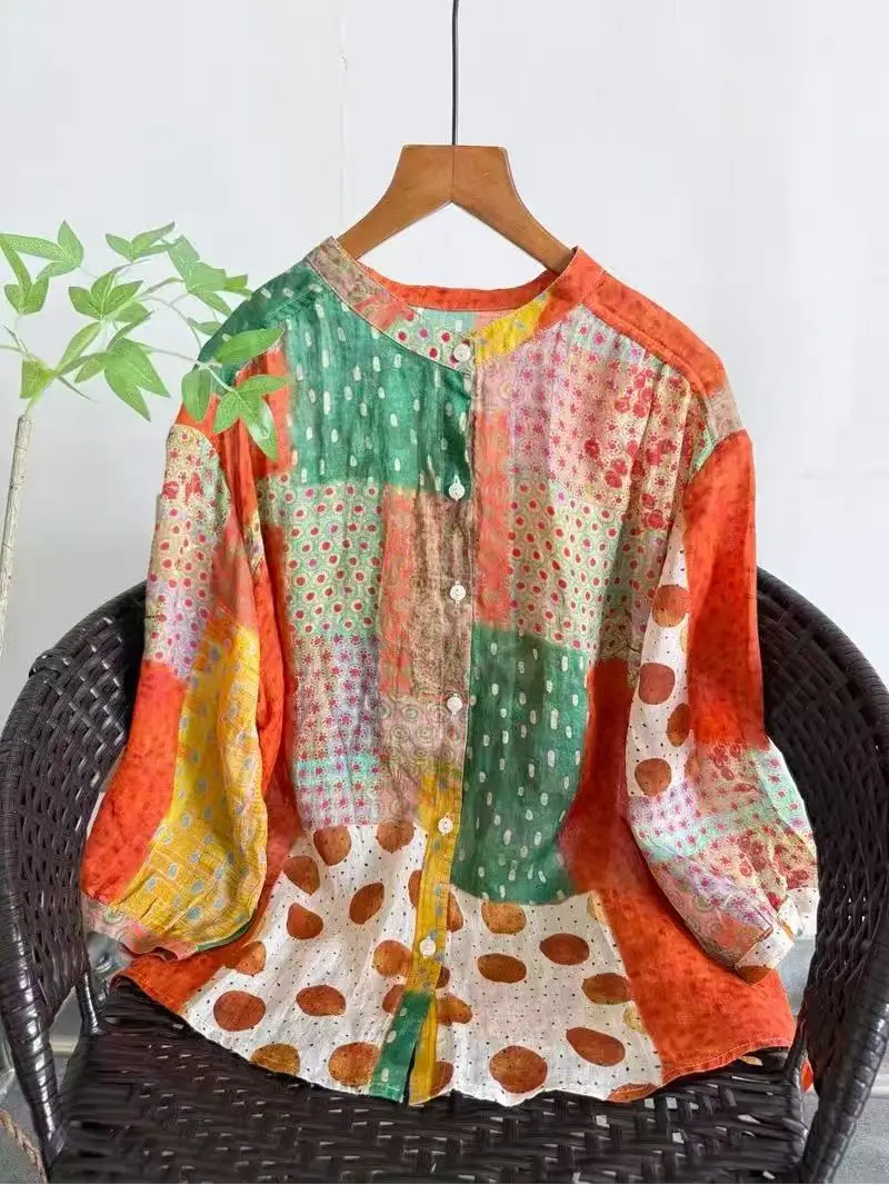 

2026 Ethnic Bohemian Patchwork Ramie Linen Blouse Women Multi Color Mixed Print Stand Collar Loose Boho Shirts Tops