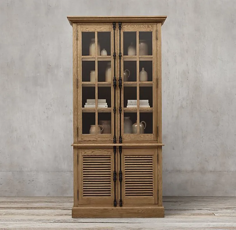 Original single French country retro solid wood oak louver glass door side cabinet home assembly bookcase