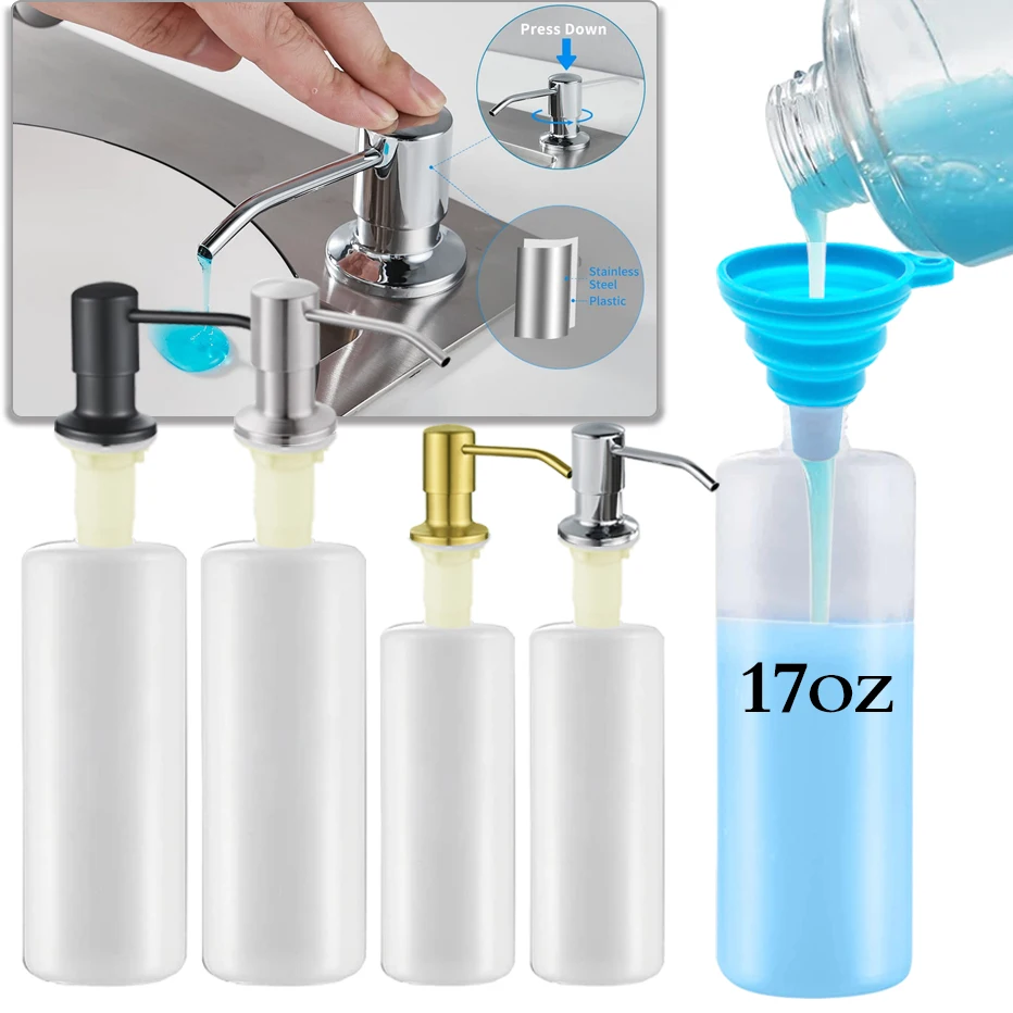 500ml Kitchen Dish Soap Dispenser Sink Soap Pump Dispenser Stainless Steel Built-in Detergent Dishwashing Liquid Container