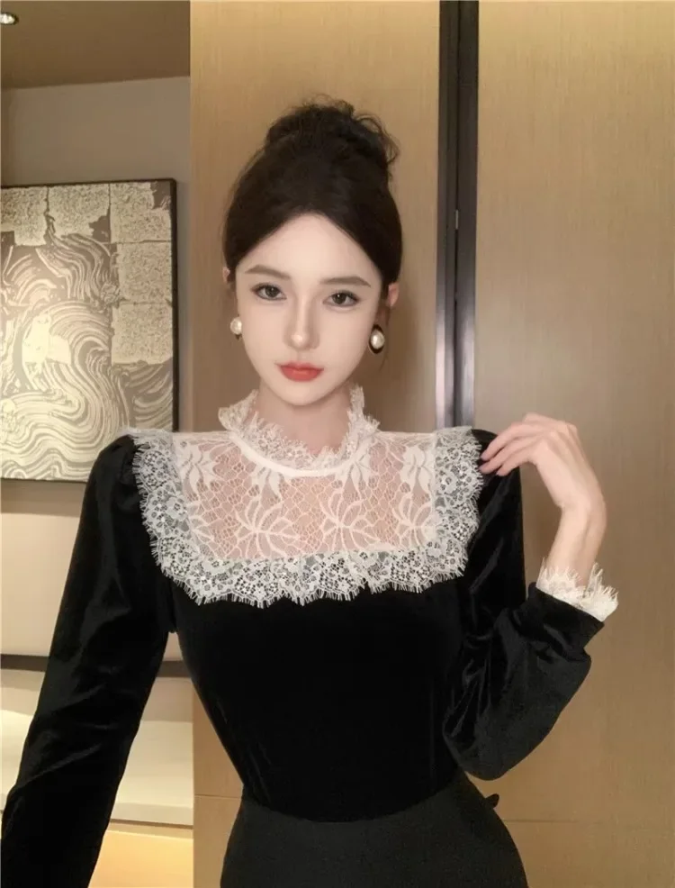 Ezgaga Elegant Shirts Women French Style Chic Lace Patchwork Velvet Stand Collar Long Sleeve Vintage Blouse Ladies Vintage Basic