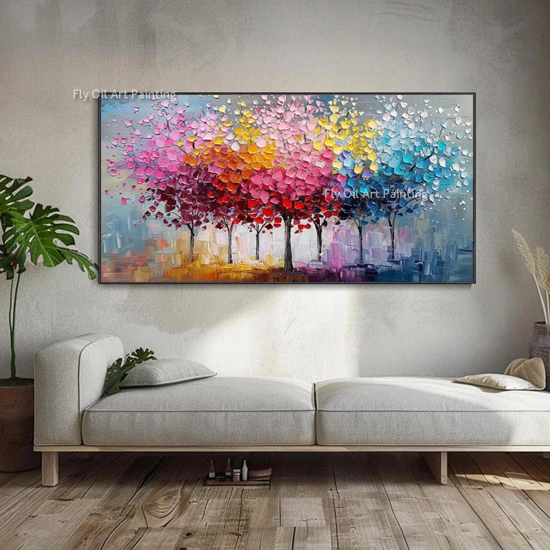 Green Tree Knife Thick Canvas Art Handpainted Large Abtsract Colorul Tree Landscape Oil Painting For Decor Special Design Art