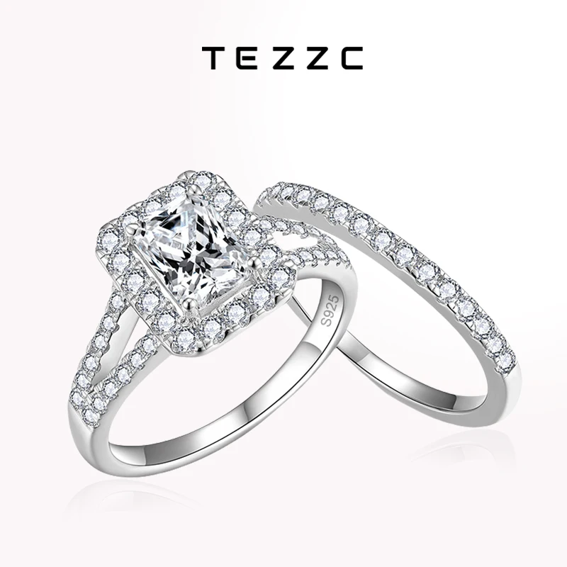 

Tezzc Full Moissanite Bridal Ring Set with Certificate Diamond Engagement Ring 925 Sterling Silver Wedding Rings for Women
