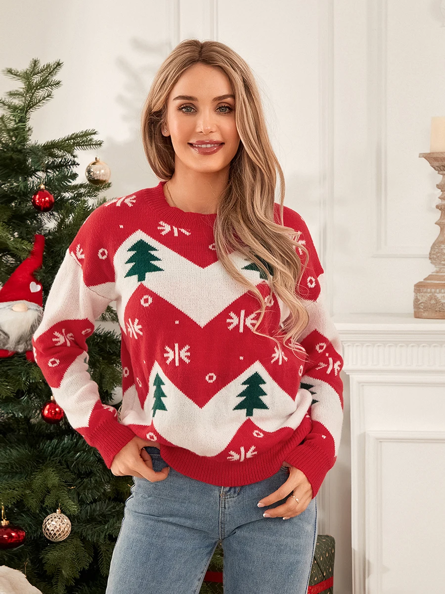 wsevypo Women\'s Winter Sweaters Christmas Tree Print Long Sleeve Round Neck Pullover Tops Casual Loose Xmas Knitwear Jumpers