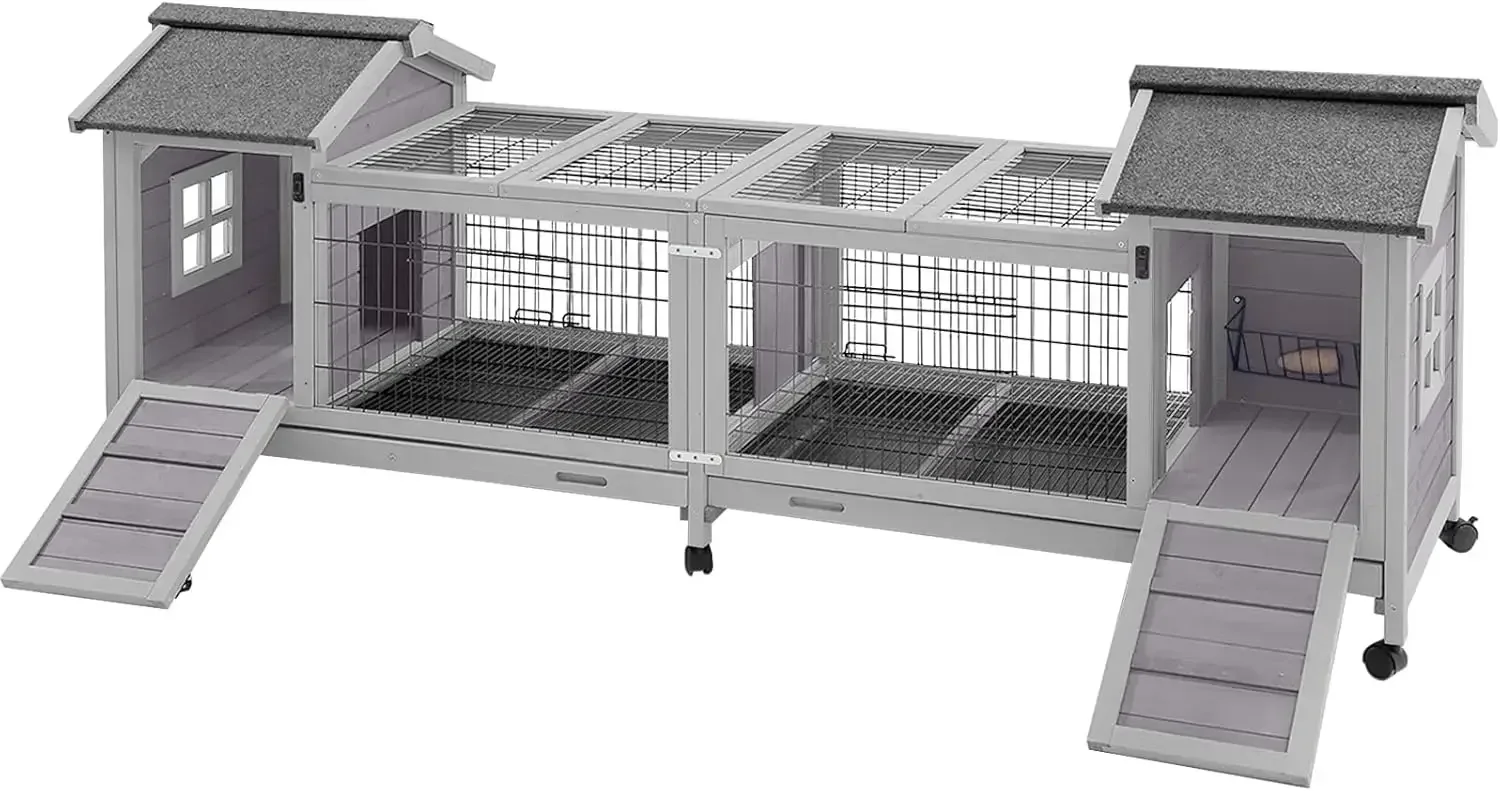 Rabbit Hutch Bunny Cage with Double House and Run Indoor Outdoor Guinea Pig House with Deeper No Leak Trays and Wheels