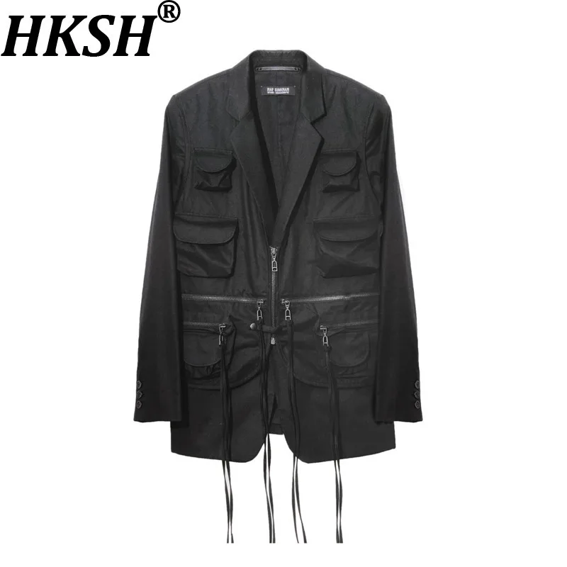 

HKSH весна осень новый мужской прилив темный стиль сафари с несколькими карманами на молнии поддельный двухсекционный пиджак пальто трендовая мода в стиле панк HK14866