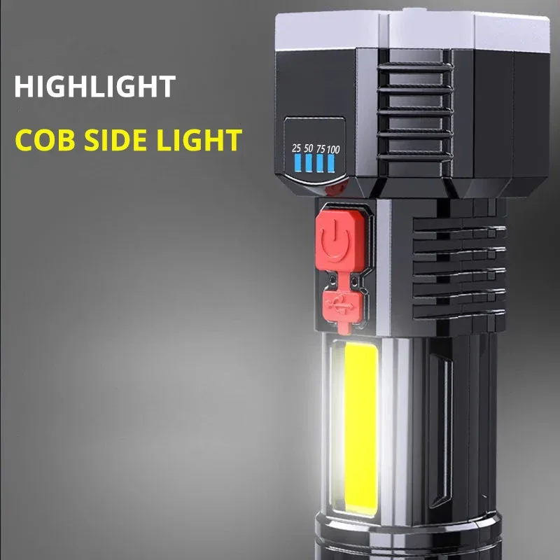 9 LED Super Bright Flashlight Rechargeable Outdoor Multi-function Waterproof Led Long-range Spotlight Battery Display COB Light