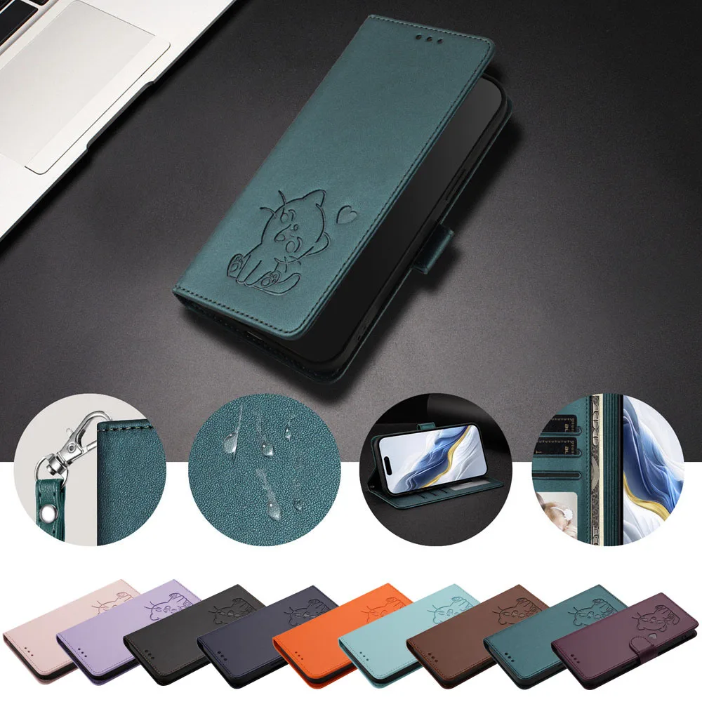 Funda de cuero con bonito gato para VIVO Y03 Y04 Y11 Y11S Y12 Y15 Y16 Y17 Y18 Y19 Y3 Y3S Y19S/E S A ranura para tarjetas funda de libro tipo billetera con tapa