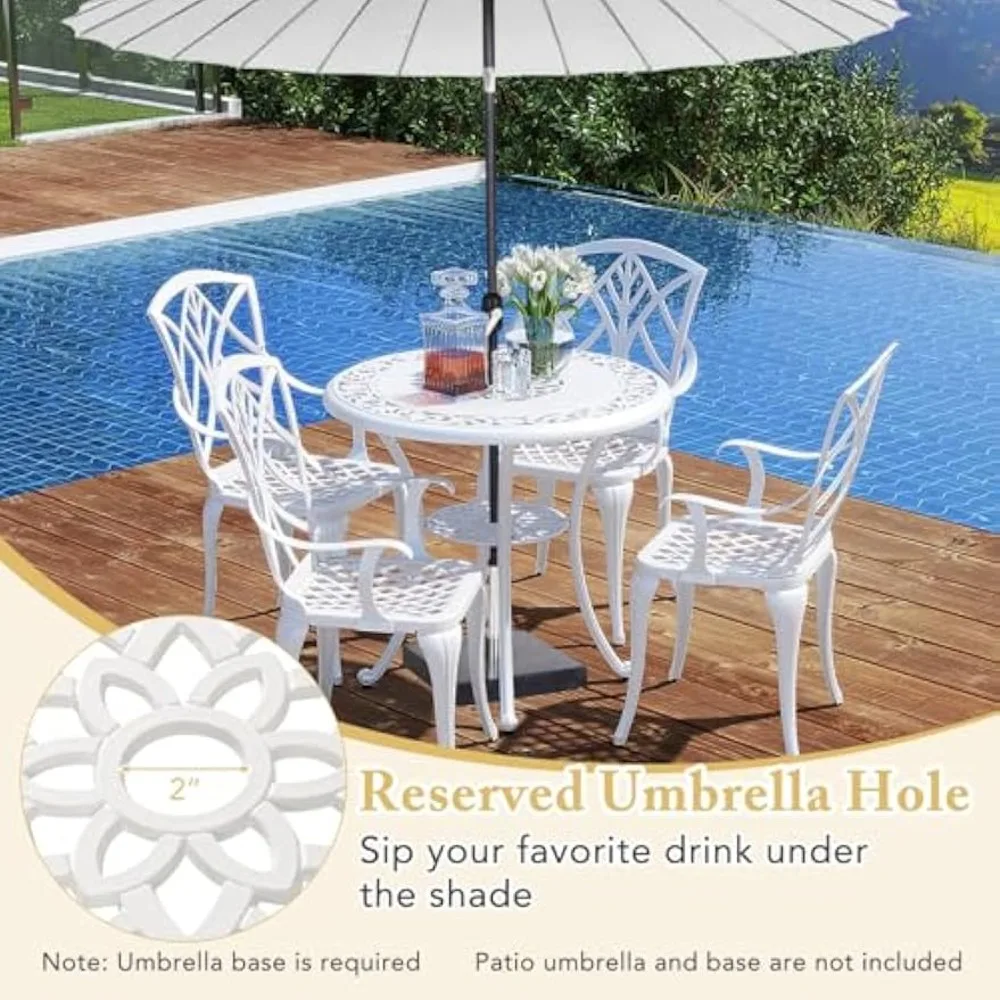 Round Cast Aluminum Outdoor Dining Set with 5 Pieces, Including Table and 4 Armchairs, Designed for All-Weather Use