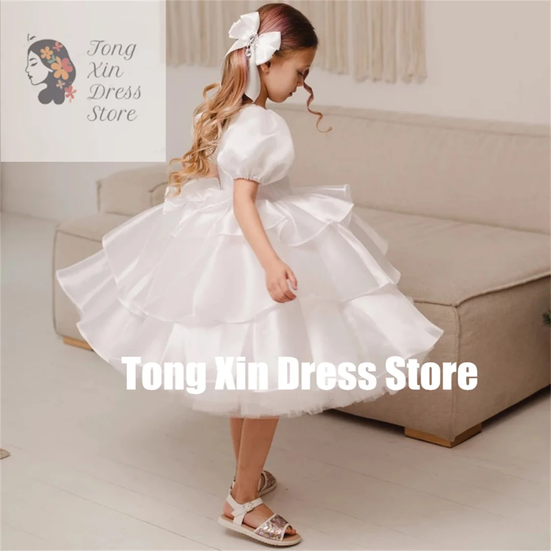 Customized  Flower Girl Dresses White Puffy Tiered With Bow Short Sleeve For Wedding Birthday Party Banquet Holy Communion Gowns