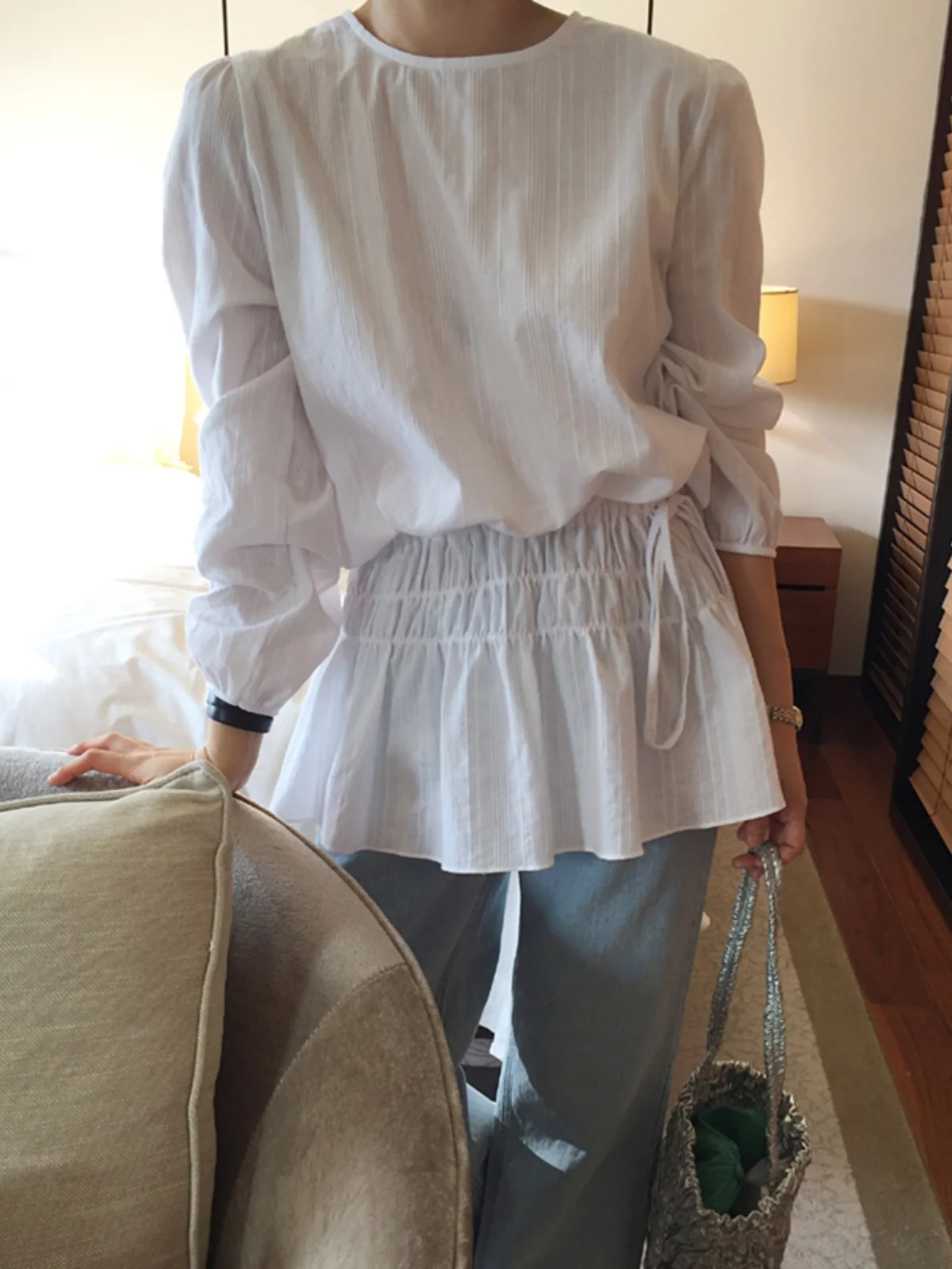 

Slimming Effect Women's round Ne irt Belted Waist Tie Sweet Lace Trim Top Trendy Commute Korean Sle Loose Fit Long Sve