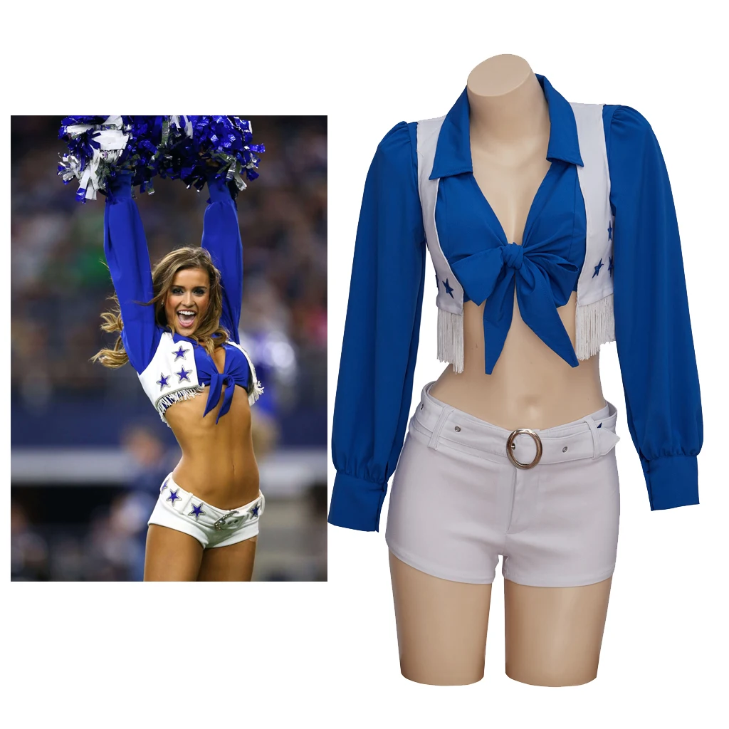 

(In stock) Dallas Cowboy Cheerleader Costume High School Cheerleading Cosplay Costume Sexy Blue And White Top And Pants Set