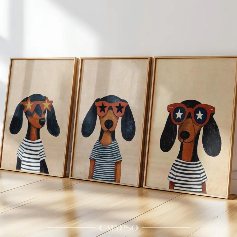 3pcs Frameless Canvas Painting – Funny Dachshund Prints with Fashion Glasses for Home Decor, Wall Art, Office Wall Art, Trend