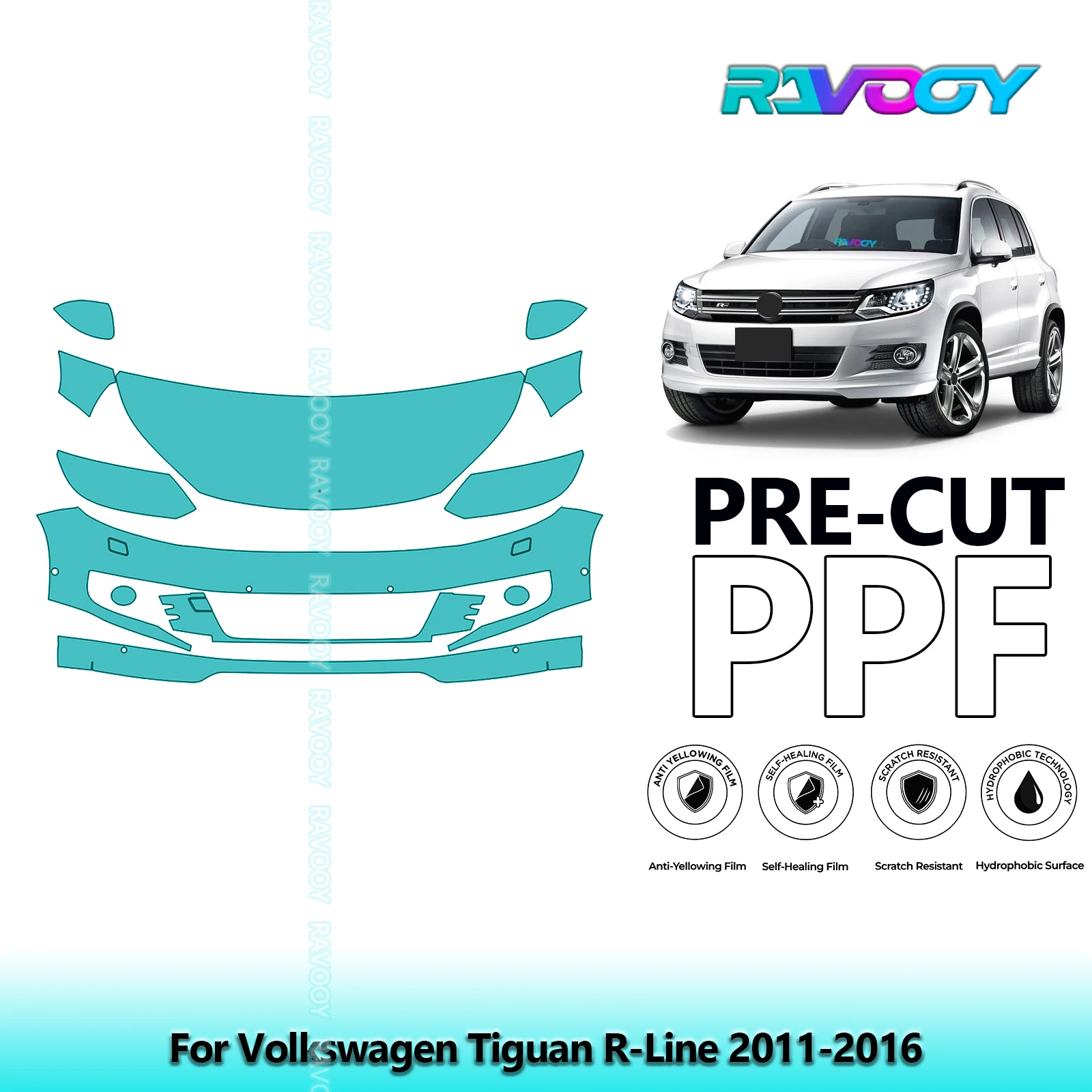 For Volkswagen Tiguan R-Line 2011-2016 Partial Front 8.5Mil Pre-Cut Paint Protection Film PPF Stone Chip Kit | Clear/Matte/Black