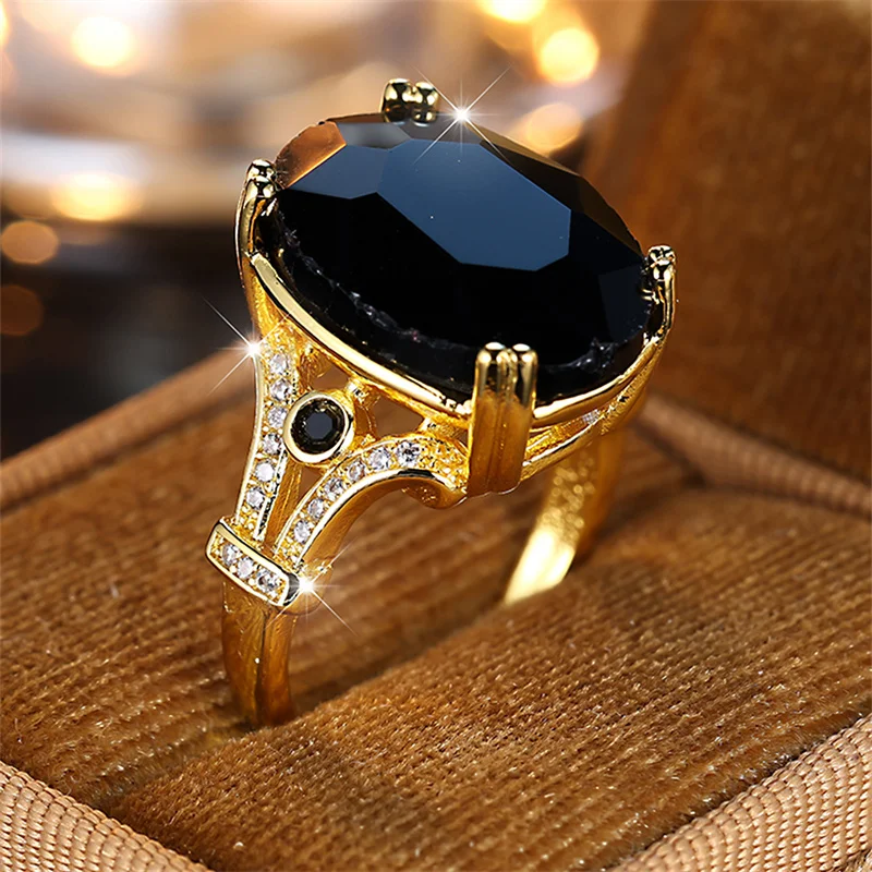 Luxury Unisex Big Oval Black Stone Rings For Women Men Antique Gold Color Female Male Zircon Wedding Bands Engagement Jewelry CZ