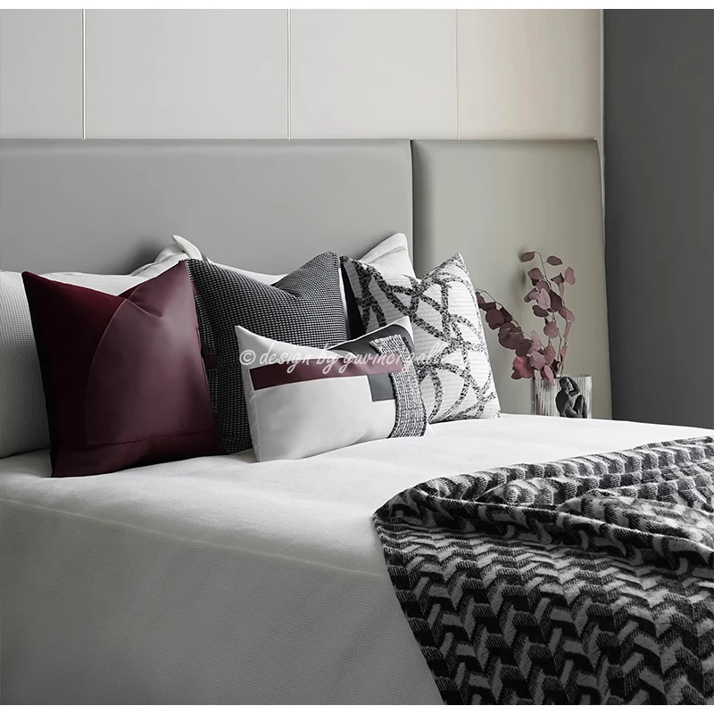 GUVINCI Contemporary Faux Leather Burgundy Pillow Cover Luxury Arc Geometry Patchwork Cushion Case Artisan Handmade Pillowcase