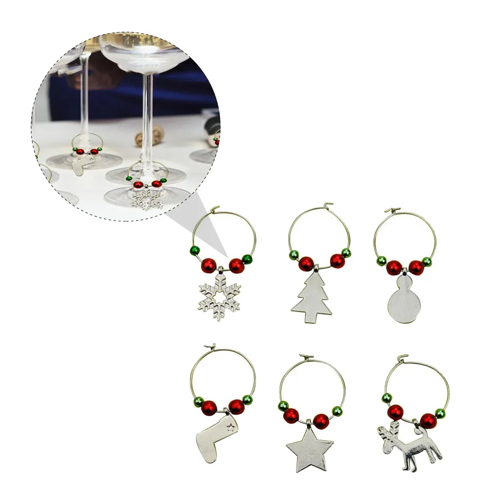 

6pcs Wine Glass Charms Rings Christmas Themed Party Drink Markers Reusable Alloy Material Small Cute Cartoon Shape Holiday