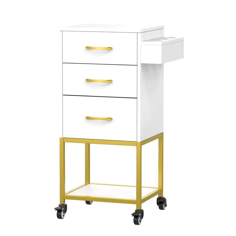 

Stylish Hair Salon Trolley Cart, White Gold Finish, Wooden Cabinet with Hairdryer Holder, Hair Tool Organizer for Beauty Salons