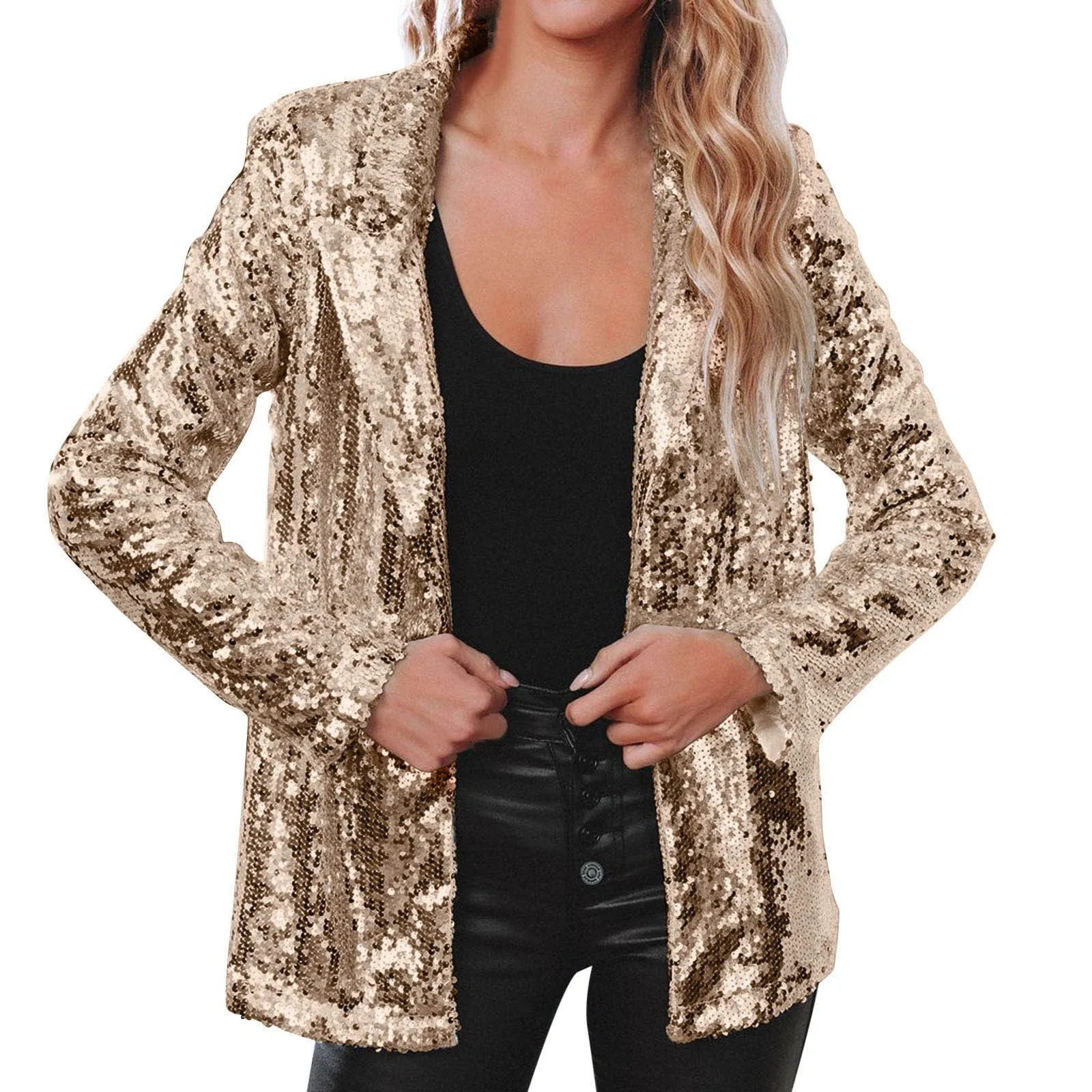 Jaqueta de cardigan de lantejoulas de manga comprida feminina, casaco bonito e elegante, estilo viajante, moda casual, lapela, novo, 2024