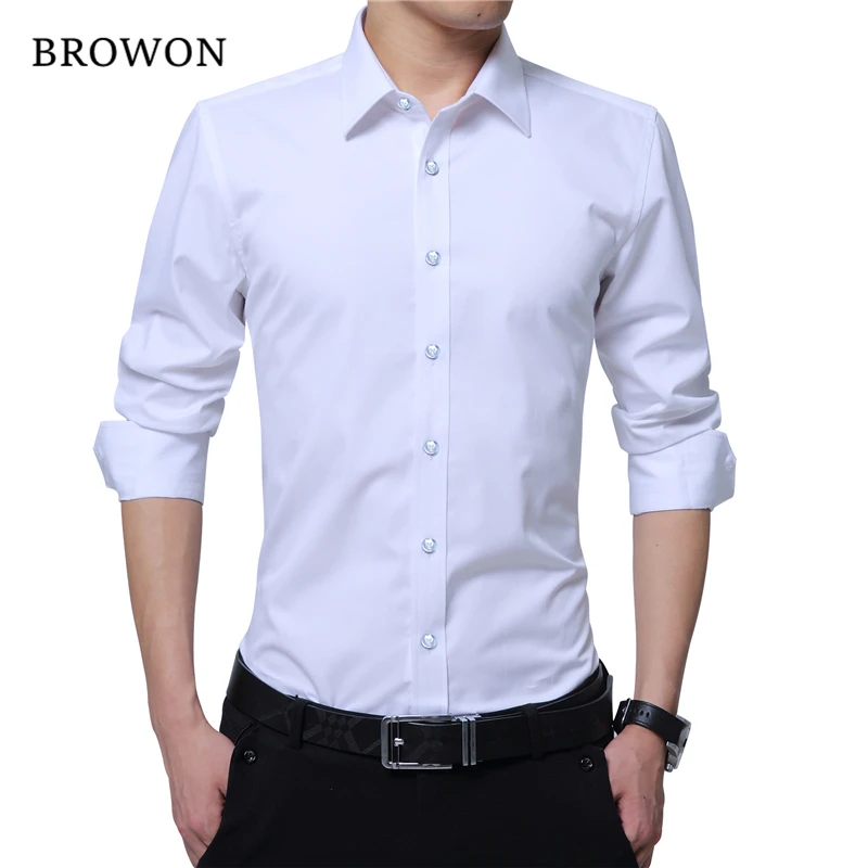 BROWON Men Fashion Blouse Shirt Long Sleeve Business Social Shirt Solid Color Turn-neck Plus Size Work Blouse Brand Clothes