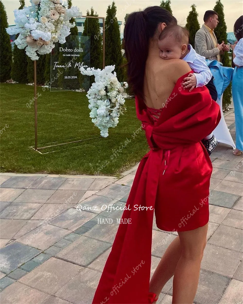 Qanz Sexy Prom Dresses Red 2 Pieces Satin Strapless Short Party Dresses Woman Elegant Luxury Mermaid Evening Gown Customized