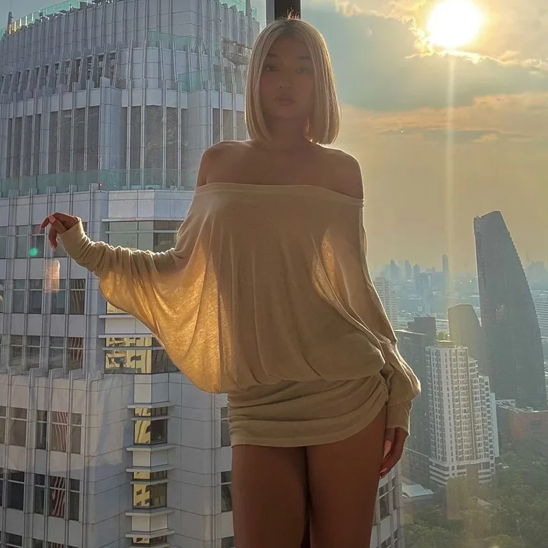 Mini robe transparente à épaules dénudées pour femmes, Sexy, manches longues, froncée, Slim, robes de soirée, couleur unie, moulante, tenue de discothèque