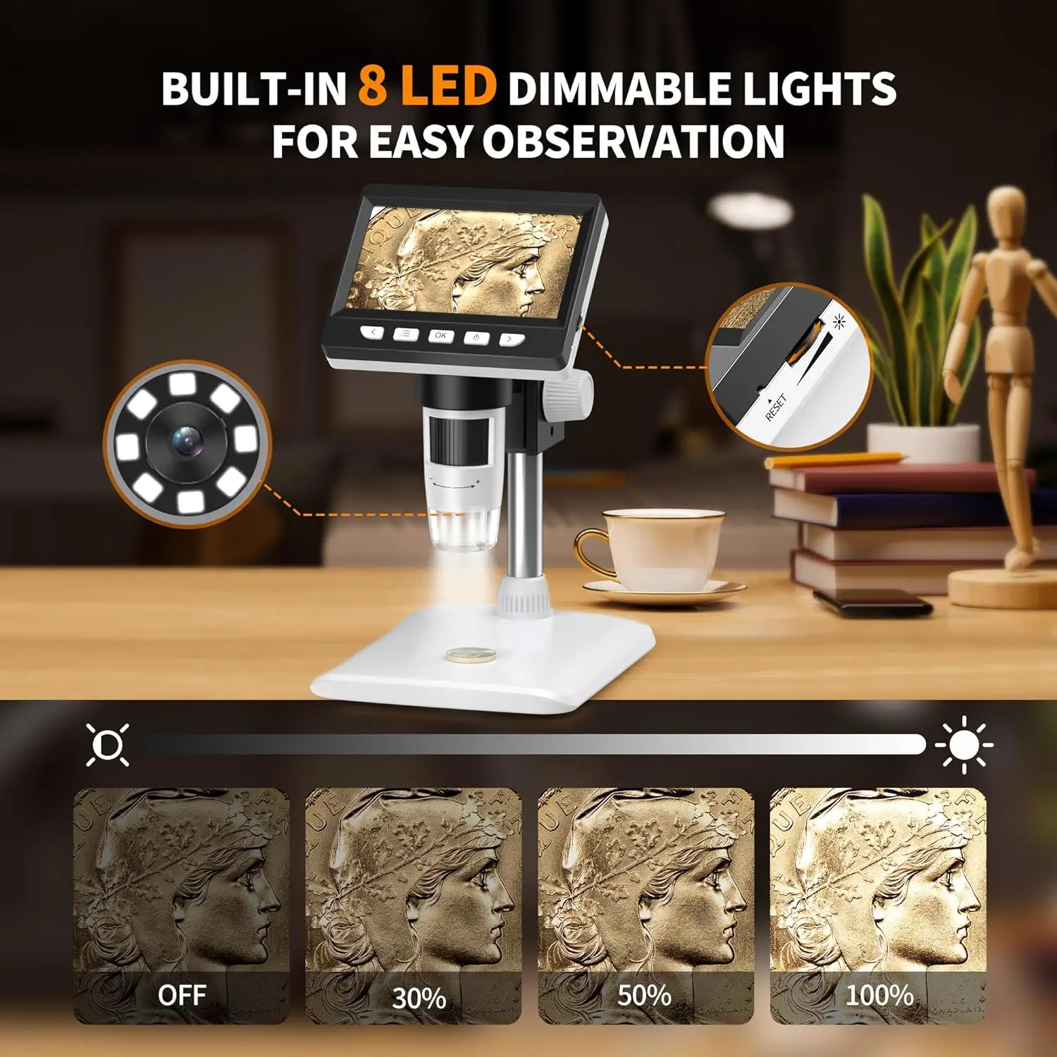 Letcmoi 4.3" IPS Digital Microscope 1000X 1080P Coin Microscope Magnifier with 8 Adjustable LED Light 10MP Camera Video Recorder