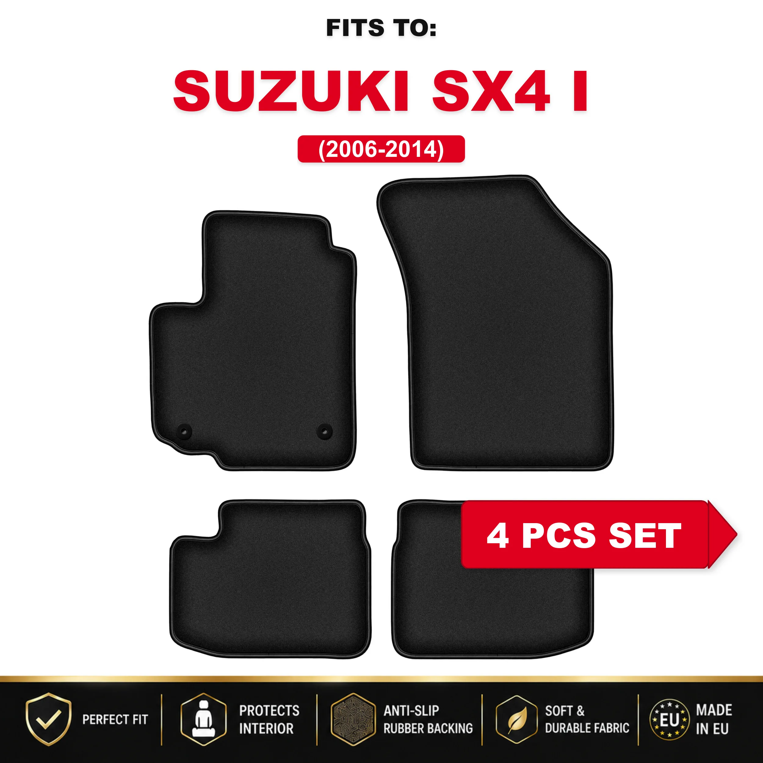 Zwarte velours autovloermatten, 4 stuks Voor: Suzuki Swift IV 2005-2010 in de auto passende automattenset