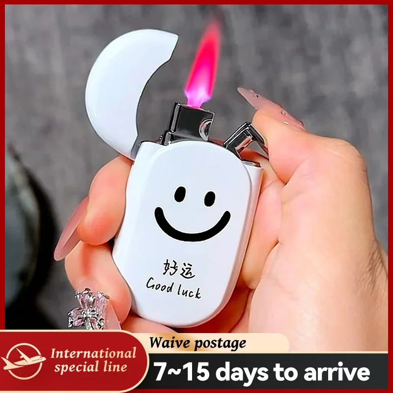 Good luck smiley face luck windproof straight charging inflatable lighter red flame candy color high value fashion metal gift