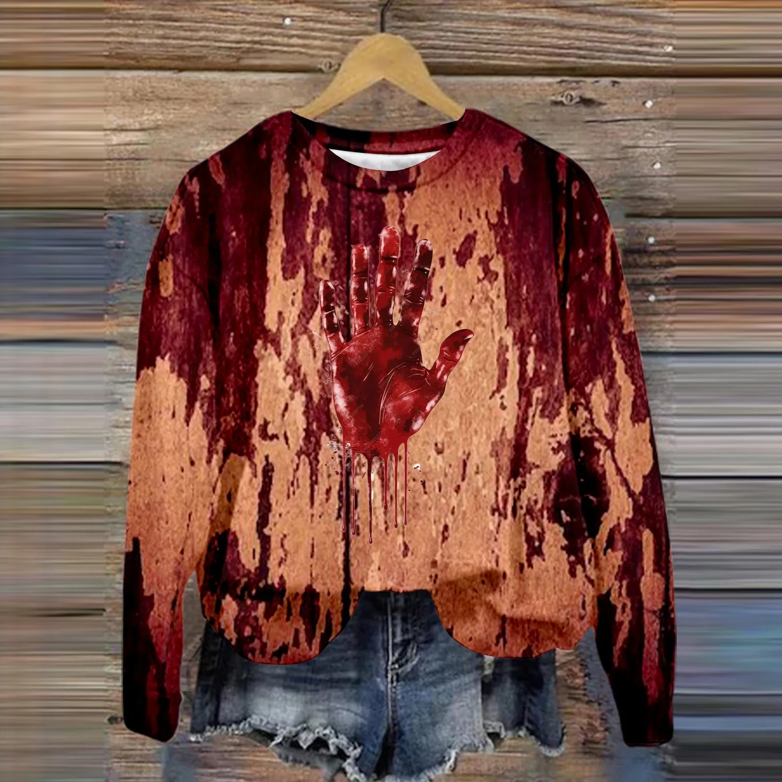 2024 New Women'S Halloween Hoodie Blood Print Personality Fashion Trend Pullover Round Neck Long Sleeve Thin Pullover Top