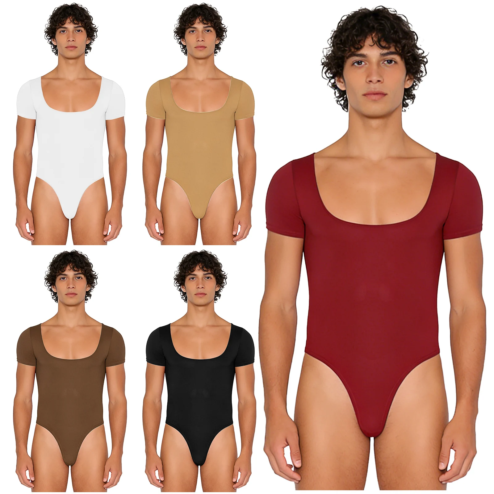 

Mens Short Sleeve High Cut Bodysuit Solid Color Stretchy Square Neck Buttoned Crotch Thong Leotard Gyms Yoga Workout Jumpsuits