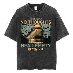 Amare Box No Thoughts Head Empty Japanese T-shirt Funny Capybara Vintage Washed T Shirt Men Women Casual Loose Short Sleeve Tees